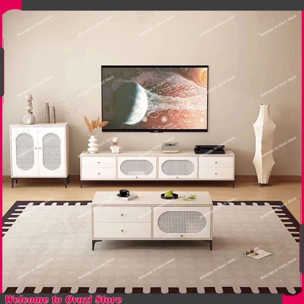 Mobile TV con Gambe Verticali in Rattan, Design Moderno e Minimalista, Arredamento per Soggiorno