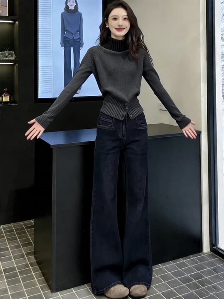 Set Due Pezzi Donna Primavera 2026: Maglione a Collo Alto e Jeans a Gamba Larga, Casual, Snellente e Versatile