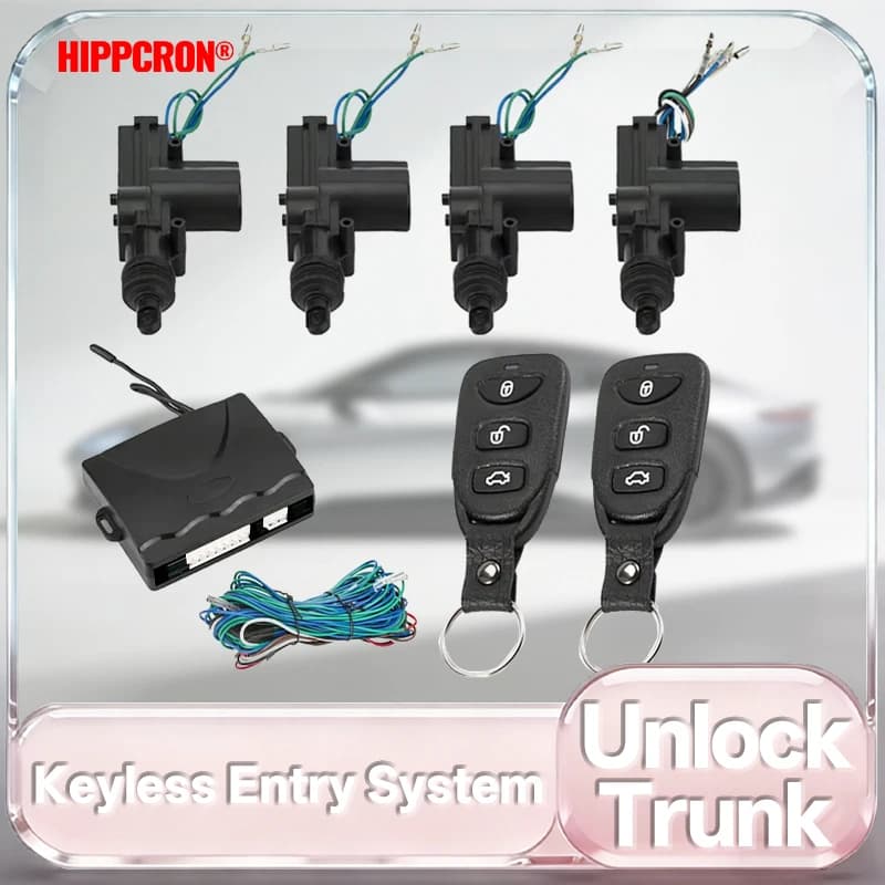 Hippcron Sistema di Chiusura Centralizzata per Auto 12V con Telecomando, Kit di Blocco Porte Senza Chiave con 4 Attuatori per Porte e 2 Telecomandi Universali