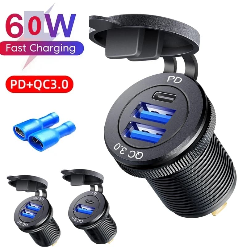 Presa per caricabatterie USB in alluminio da 60 W Ricarica rapida 12 V/24 V USB C Presa per caricabatteria da auto PD e QC3.0 Doppie porte USB per auto Barca Moto