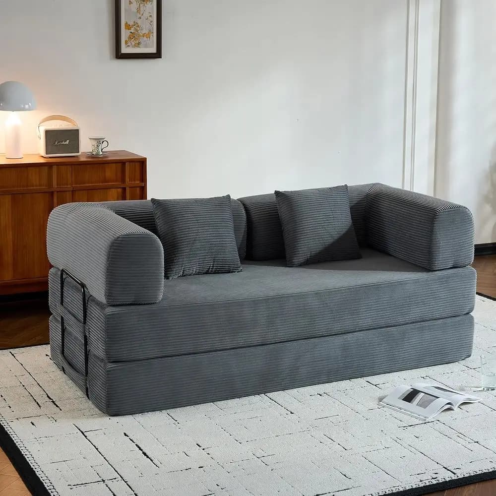 Convertible Sleeper Sofa with Cylindrical Pillow, Corduroy Upholstery, Suitable for Living Room, Bedroom, Garden, Terrace - Gray