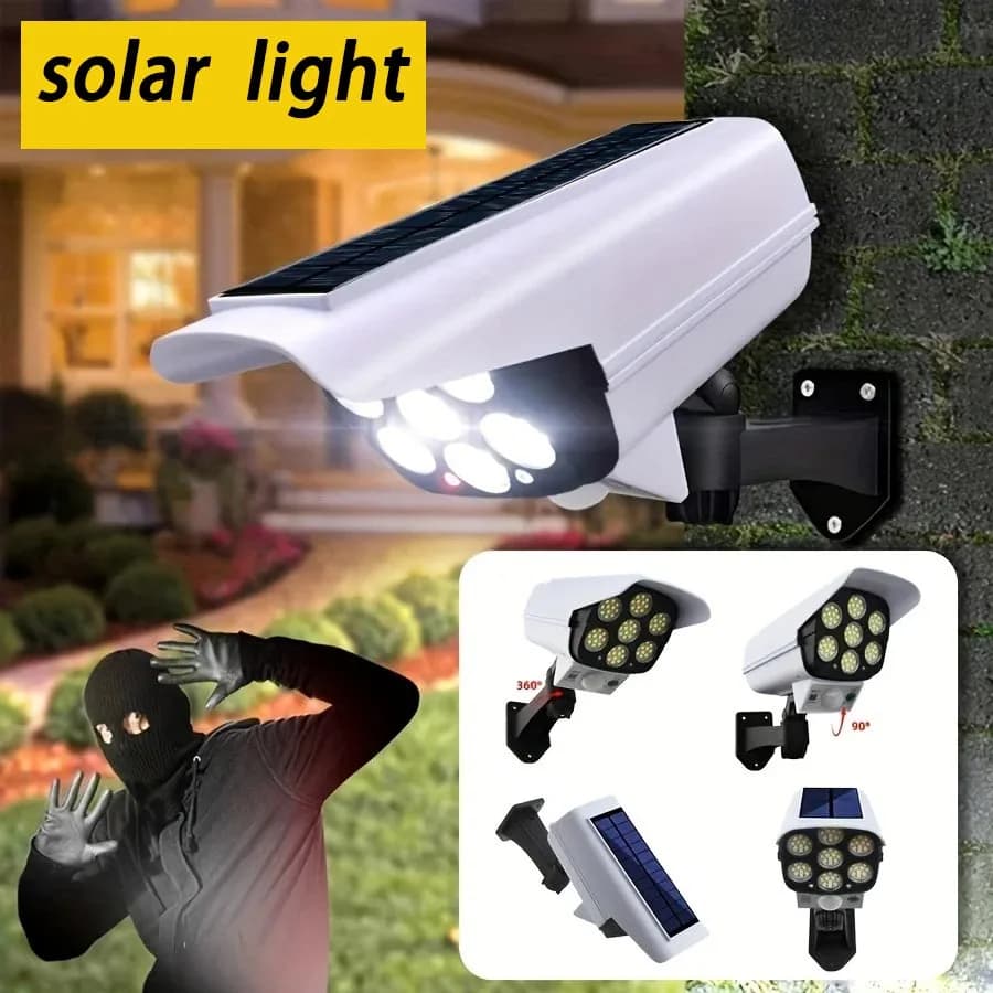 Luci Solari da Esterno con Sensore di Movimento Telecomando Fari Wireless Telecamera di Sicurezza Finta per Giardino