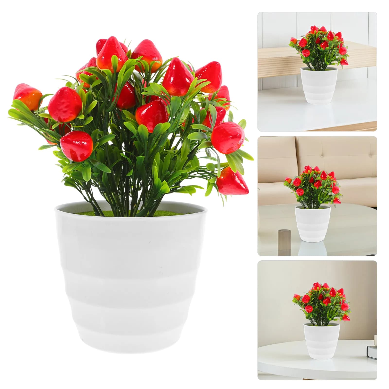 Strawberry Home Decor Artificial Potted Fruit Plant Lifelike Bonsai Design Vibrant Colorful Berries Desktop Table Centerpiece