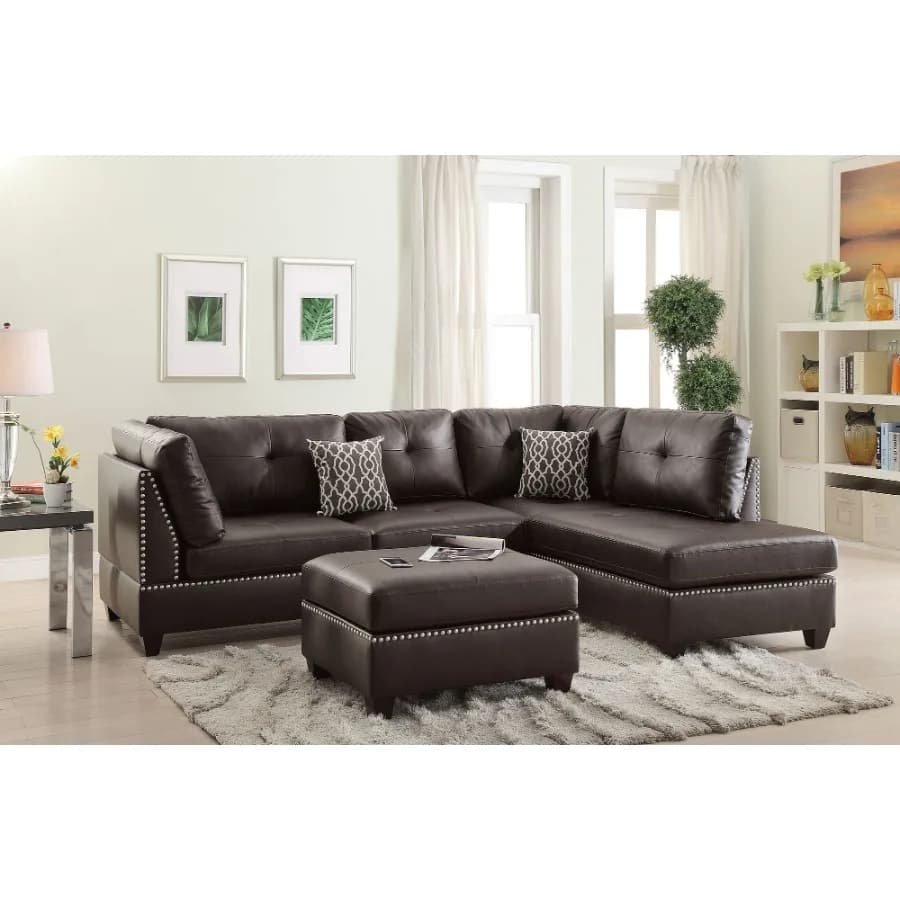 3-pcs Sectional Sofa Espresso Bonded Leather Cushion Sofa Chaise Ottoman Reversible Couch Pillows
