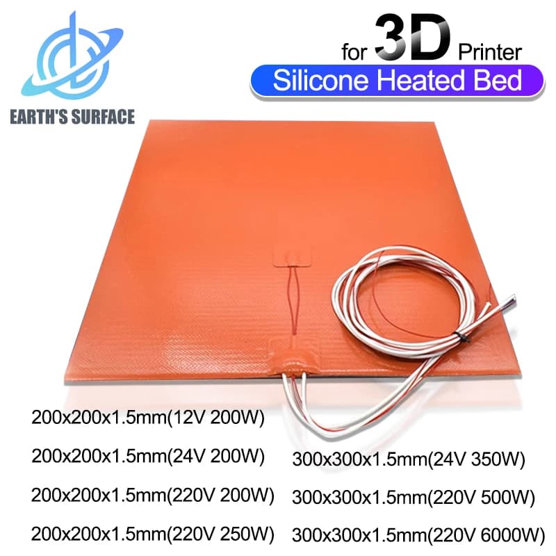 Tappetino riscaldante per letto riscaldato in silicone impermeabile 200MM 300MM 12V 24V 220V per Ender3 CR10 Letto caldo 200/350/500/600W Parte stampante 3D