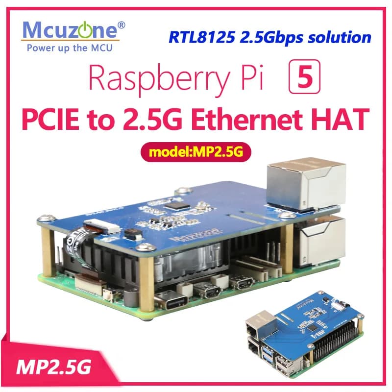 MP2.5G Raspberry Pi 5 PCIE to 2.5G Ethernet HAT,RTL8125,RPi OS without driver