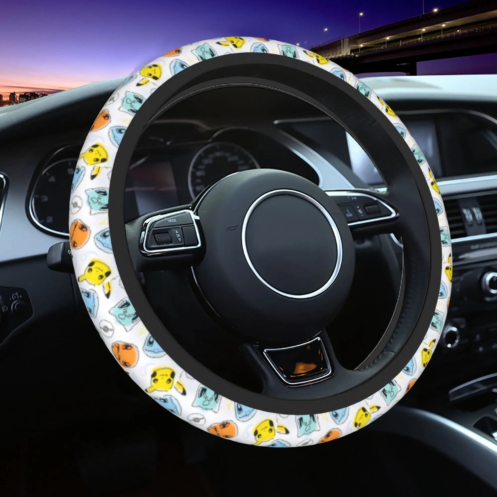 Coprivolante per auto da 38 cm, universale, con disegno a cartoni animati di Pokemon, coprivolante intrecciato, accessorio auto alla moda.