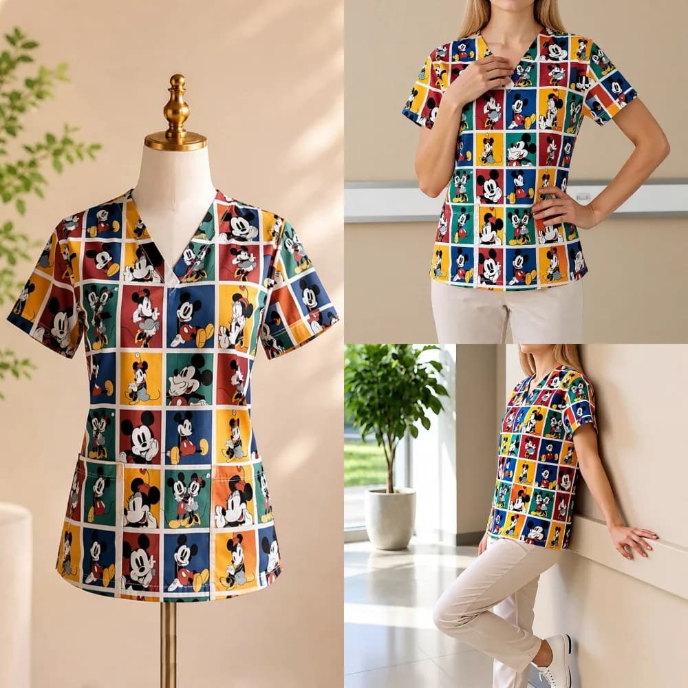 Women's Disney Mickey Mouse Print Nurse Uniform S-3XL Dental Pet Clinic Hospital With Pockets Kawaii Fashion V Neck New Minnie