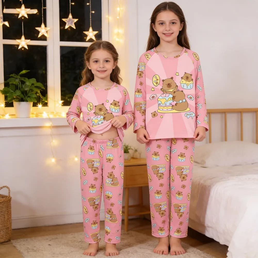 Pigiama per ragazze Set per bambini da 3 a 4 5 6 7 8 9 10 11 12 anni Pigiama capibara a maniche lunghe rosa Blu Boutique Pigiama per ragazza