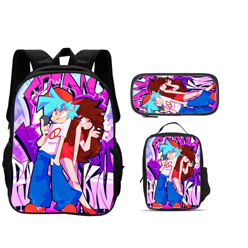Set da 3 pezzi Friday Night Funkin: zaino, astuccio e borsa termica, resistenti, alla moda, versatili, con personaggi dei cartoni animati, regalo di compleanno ideale per ragazzi e ragazze.