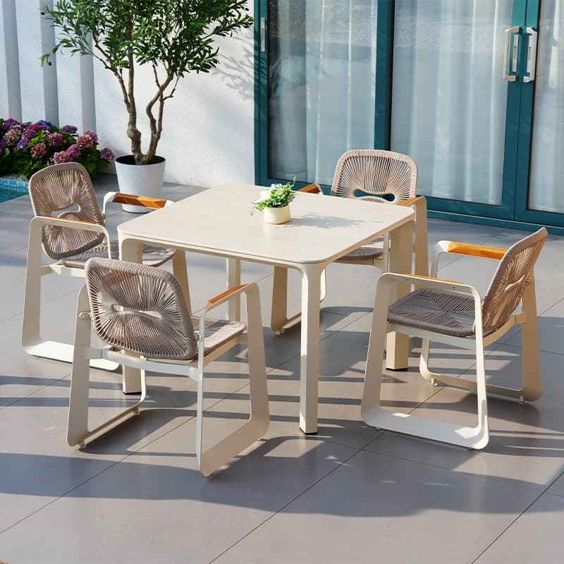 Mobili da Esterno di Lusso in Alluminio, Tavolo da Pranzo Moderno per Giardino e Patio, Sedie in Corda con Cuscini Impermeabili, Ecologici