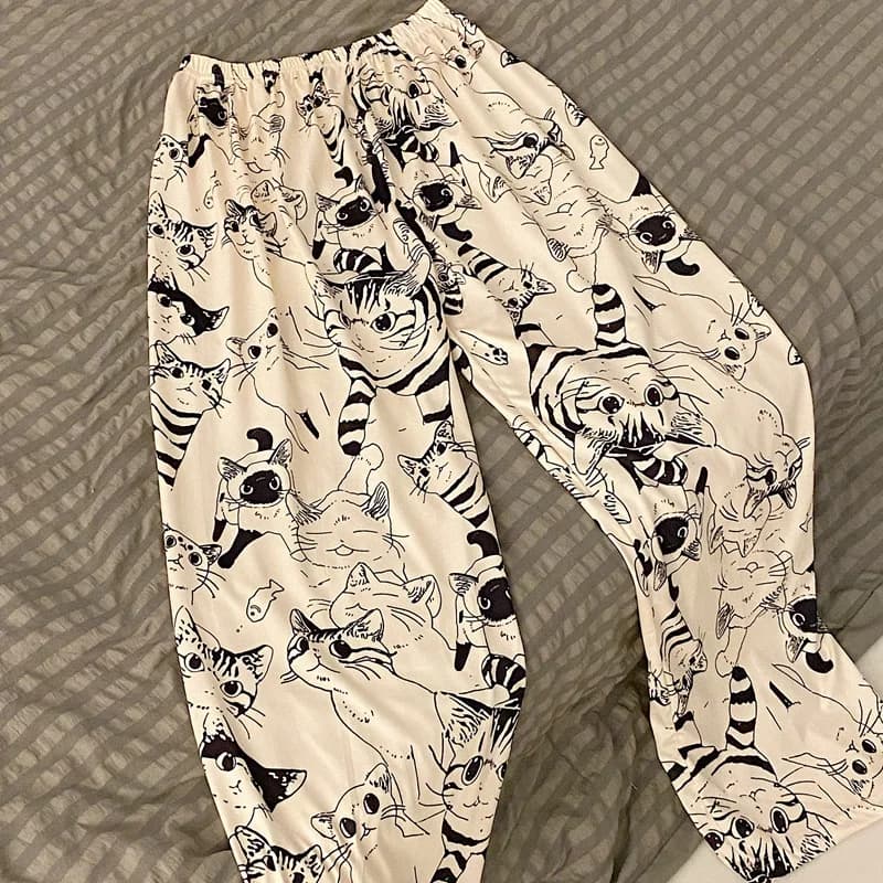 Women's Outdoor Home Pants Soft and Comfortable Pants Cartoon Moe Cat Big Battle Large Night Pants for Elastic Life Students