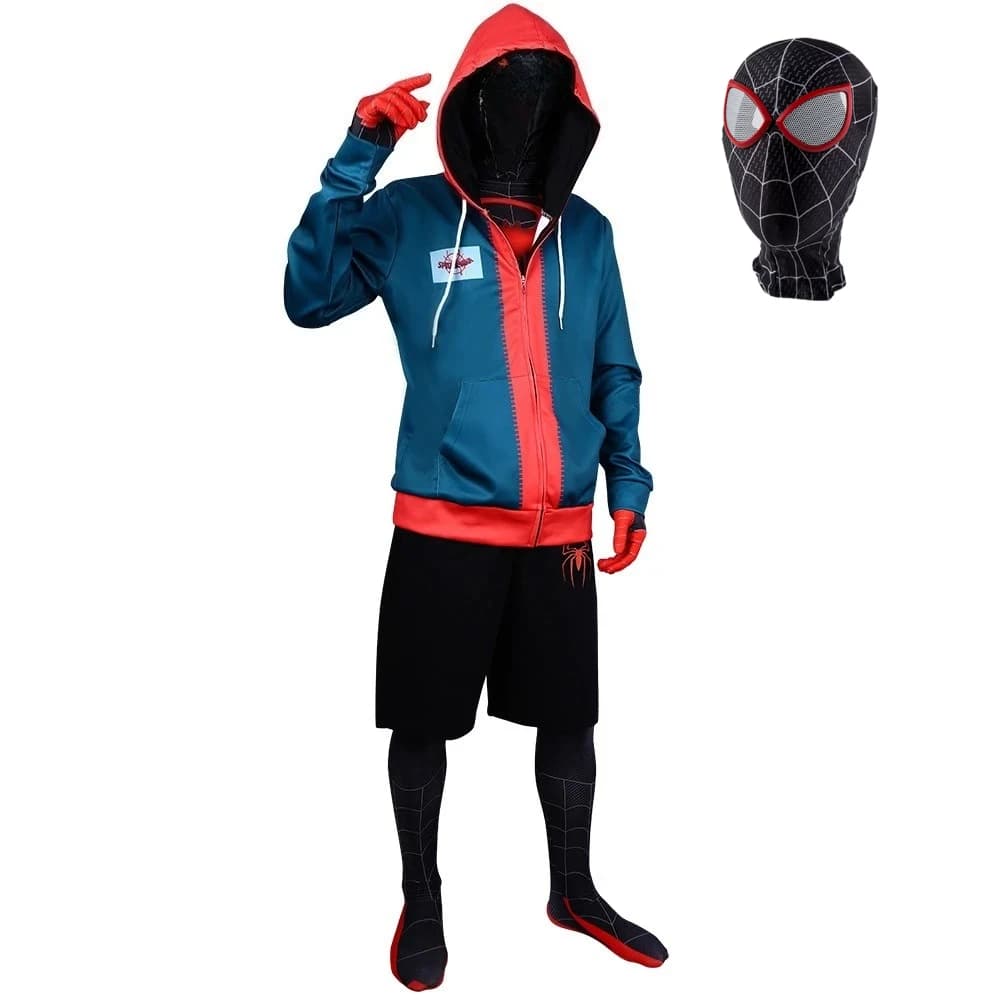 Superhero Miles Morales Cosplay Costume Jumpsuits Zipper Jacket Anime Hoodies Green Hooded Sweatshirts Halloween Clothing