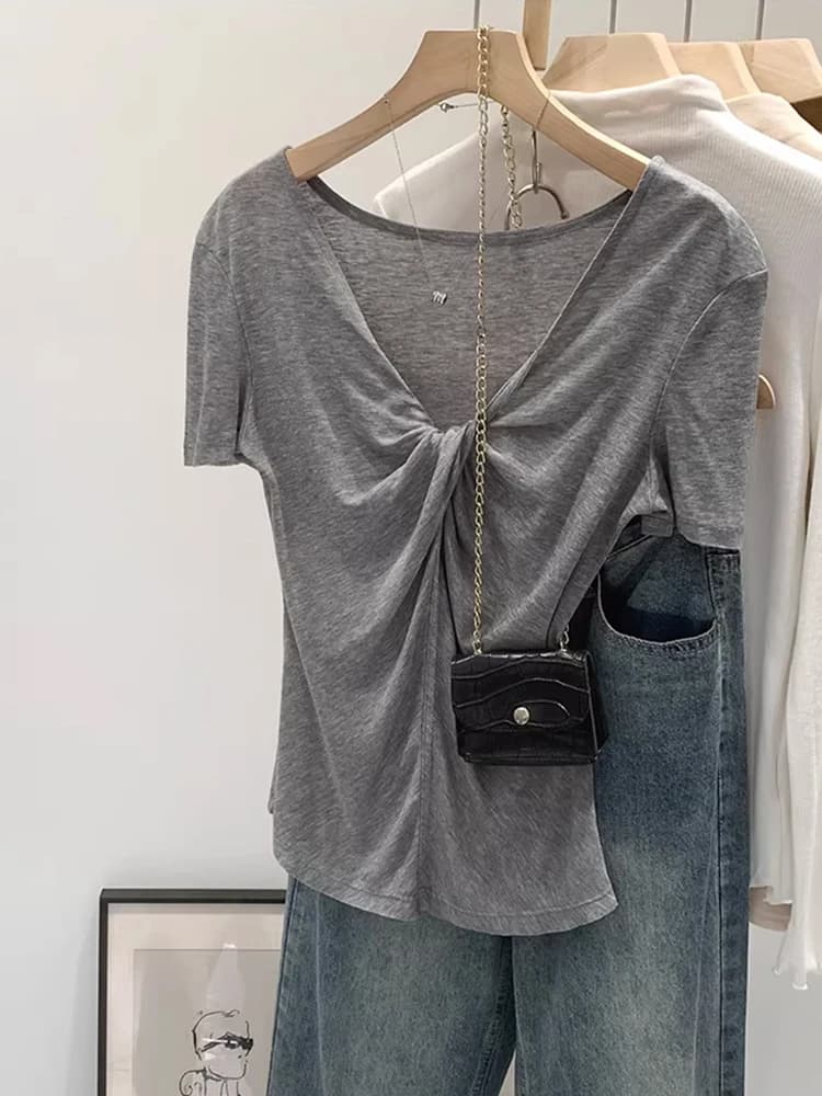 Lace V-Neck Short Sleeve T-Shirt Women's Fashionable Wool Lyocell Knot Summer Top Korean Style Slim Fit Breathable Skin-Friendly