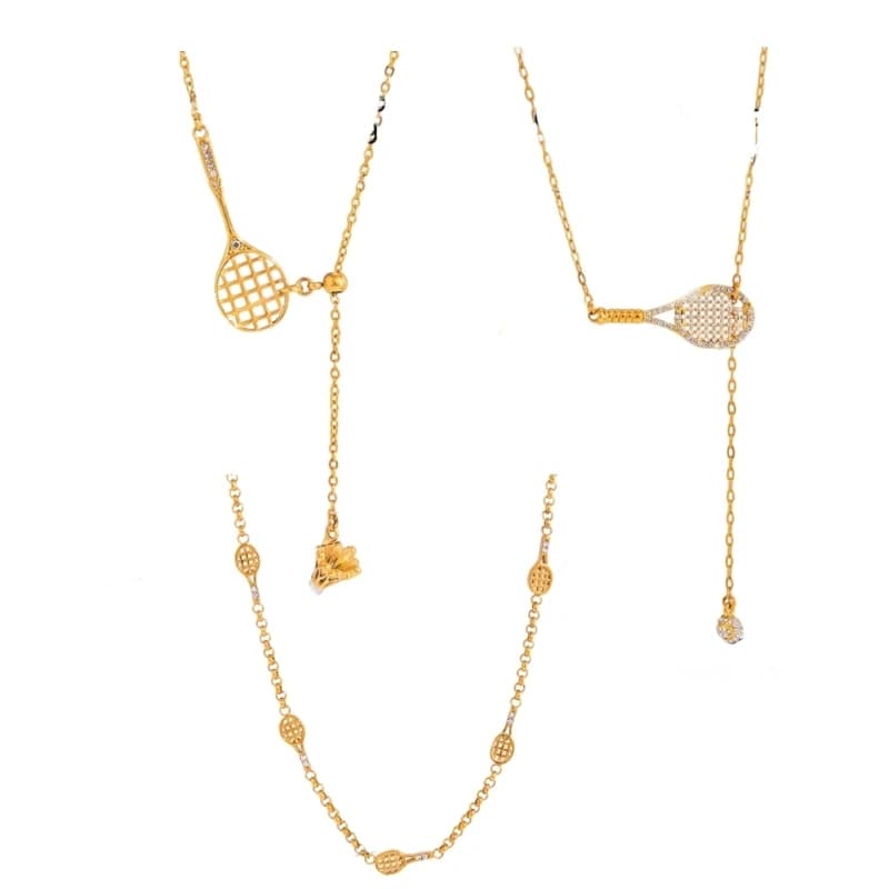57QA Gold Tone Tennis Racket Jewelry Necklace for Casual Outfit Styling with Stainless Steel Chain and Adjustable Clasp for