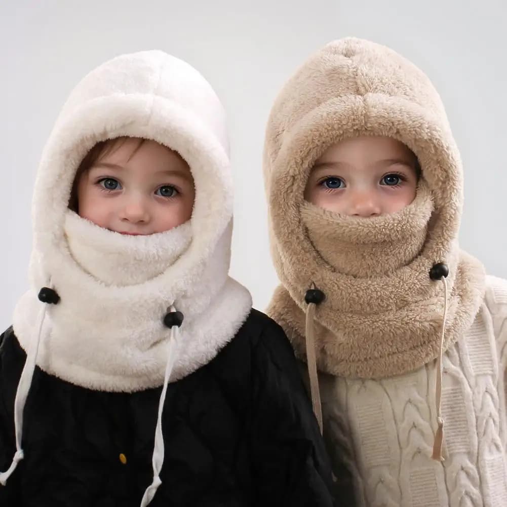 Kids Snowboarding Hat Kids 3-in-1 Ski Guard Hat with Windproof Furry Face Mask Warm Hooded Scarf Neck Warmer Winter Outdoor