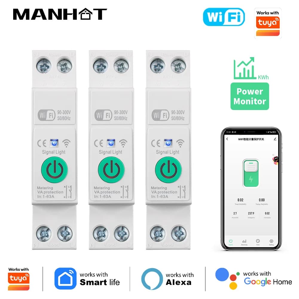 1-63A 1P + N Tuya WiFi Smart Circuit Breaker Kwh Relay measurement timer MCB Current voltage Protect Alexa Google Home Alice