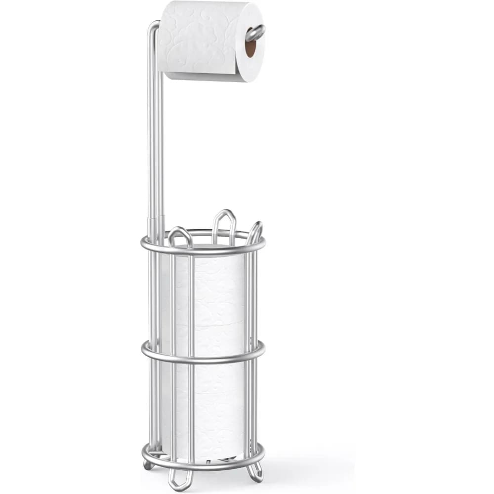 Toilet Paper Holder Stand and Tissue Paper Roll Dispenser for 4 Mega Rolls, Bathroom Free Standing Tissue Roll Storage Holder Rack, Metal Wire Silver