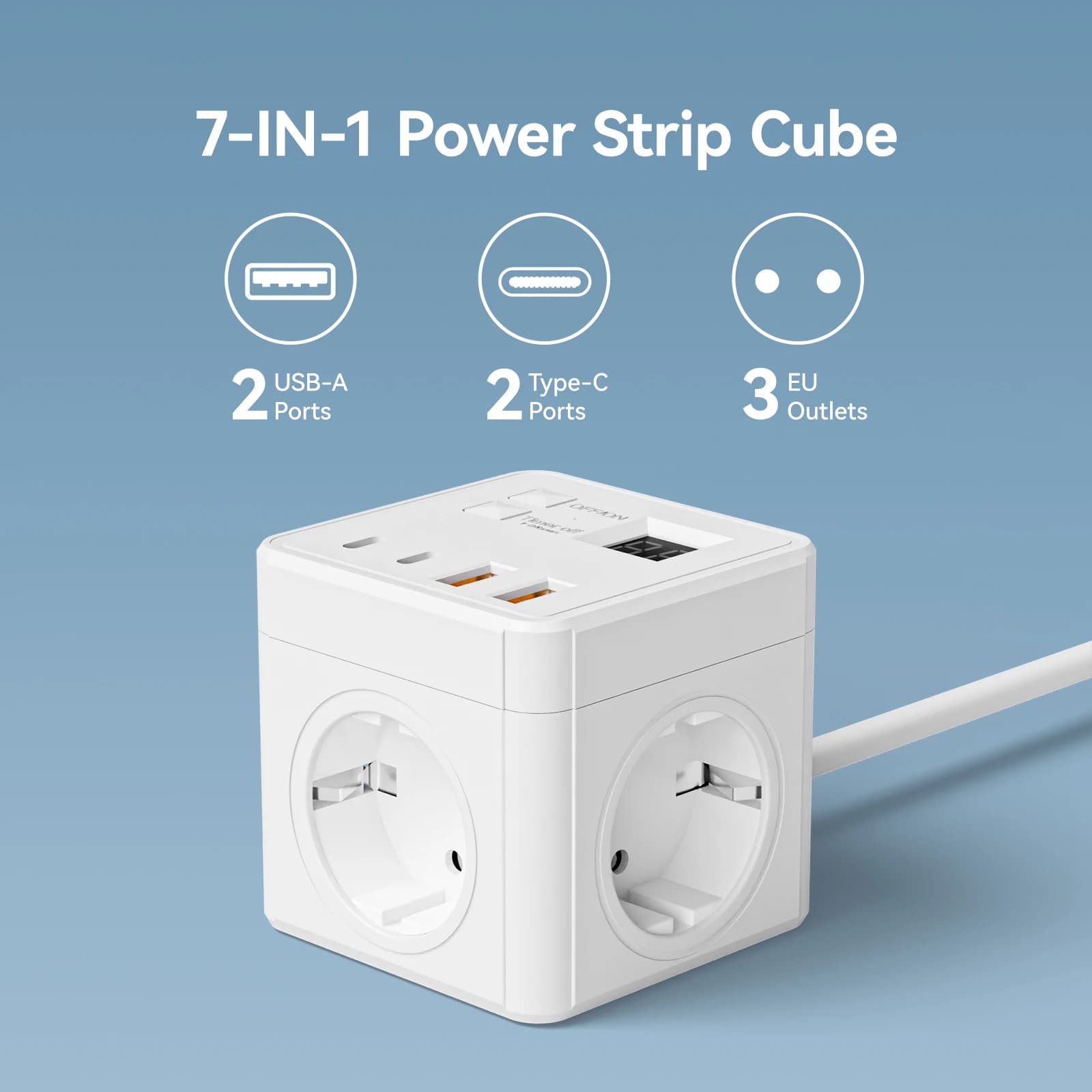 1 EU slippers 7 in 1, supple protection for slippers, 1.5 m long, 3 AC sockets 3 USB 1 type C, temporary desktop charging