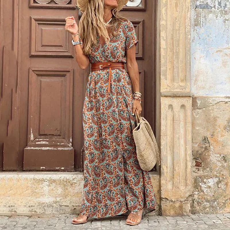 Elegante abito longuette a forma di H plissettato floreale femminile con scollo a V e maniche a sbuffo in vita abiti con bottoni arricciati abito estivo da donna