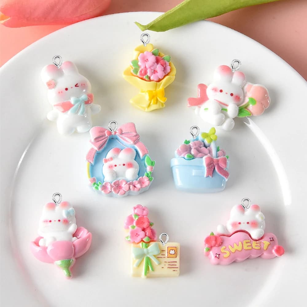 10PCS Shiny Rabbit And Flower Series ciondoli posteriori piatti per orecchini bracciale tornante gioielli fai da te ciondoli accessori per la decorazione