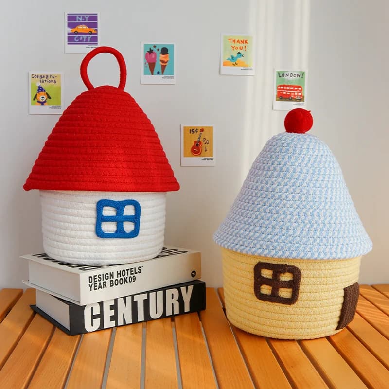 Cartoon Style Desktop Storage Box with Lid Cotton Thread Woven Toy Storage Bucket Home Use Organizer for Snacks And Masks