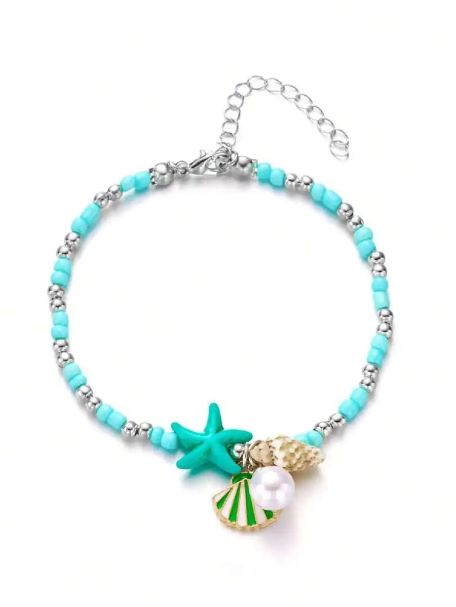 Turquoise Beaded Charm Bracelet With Starfish Shell Pearl For Women