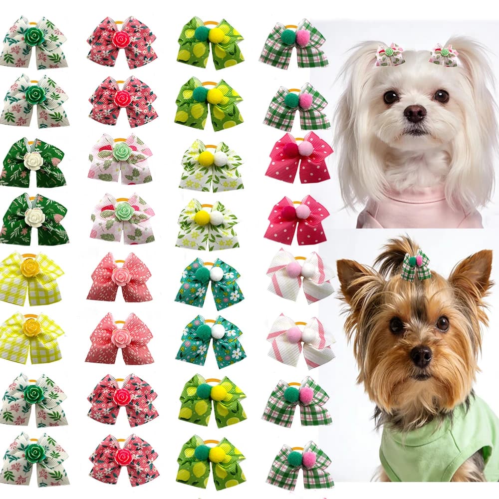 50/100 Pezzi Fiocchi per Cani Stile Pompom, Accessori per Toelettatura di Cuccioli e Cani Piccoli, Fiocchi Decorativi per Pelo di Cane