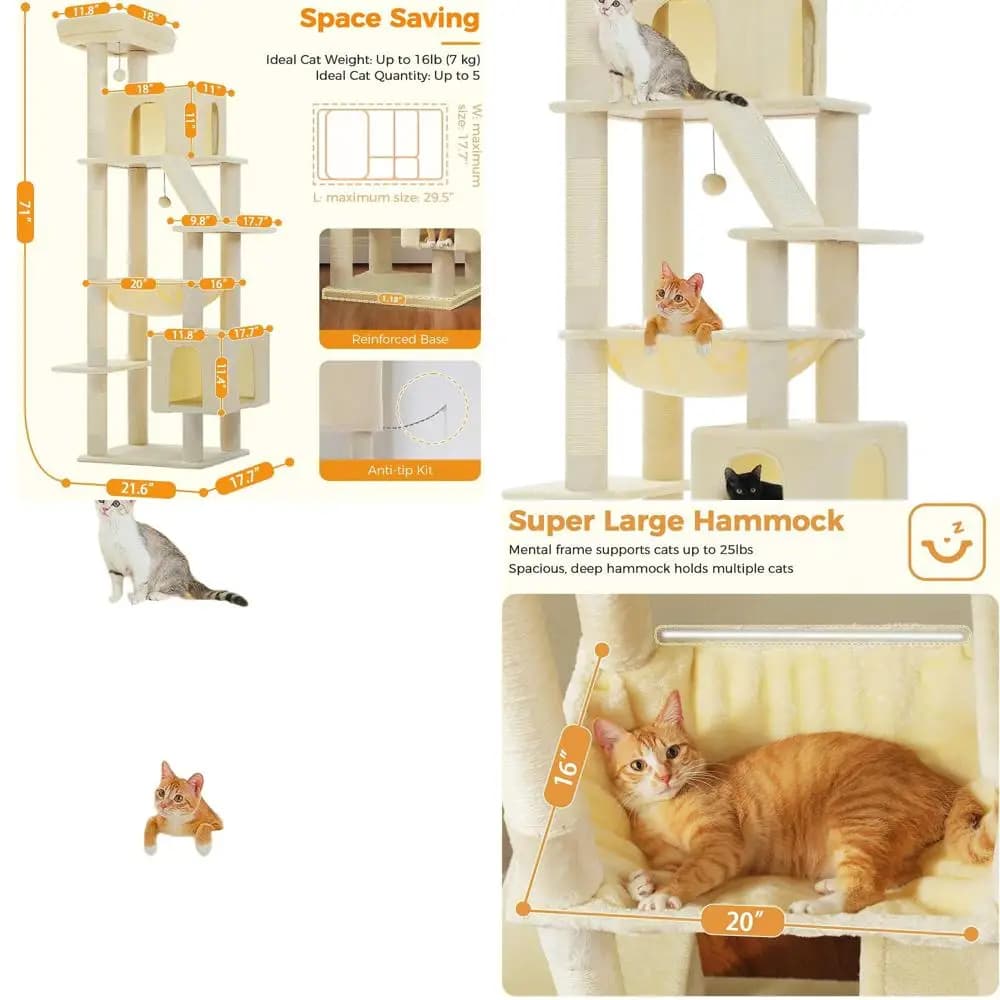 Grande albero per gatti da interno con piattaforme multilivello, amaca extra large, 2 grotte, posatoio spazioso, tiragraffi, beige