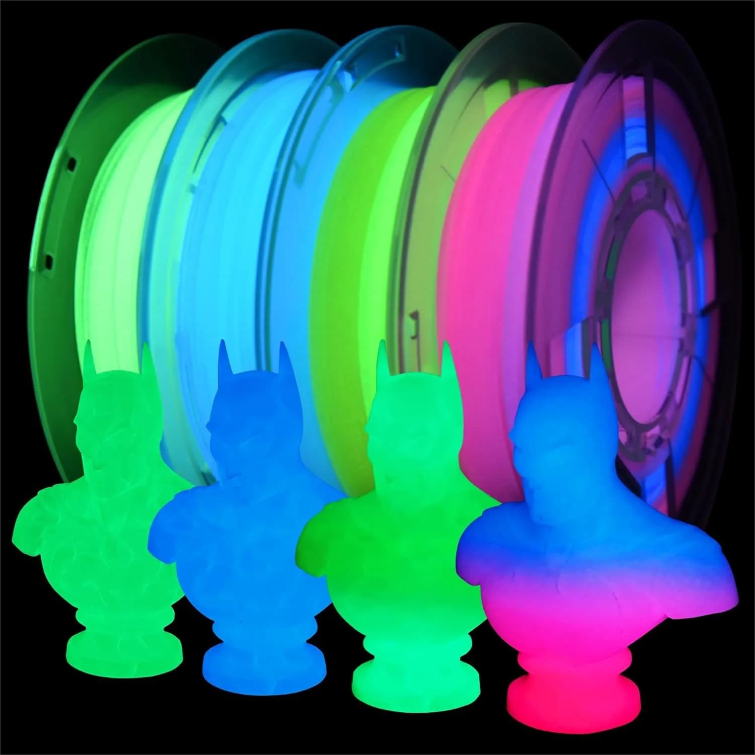 Filamento per Stampante 3D Fluorescente, Set Multicolore Blu Rosso Giallo Verde PLA 1.75mm Luminoso, 4 Bobine