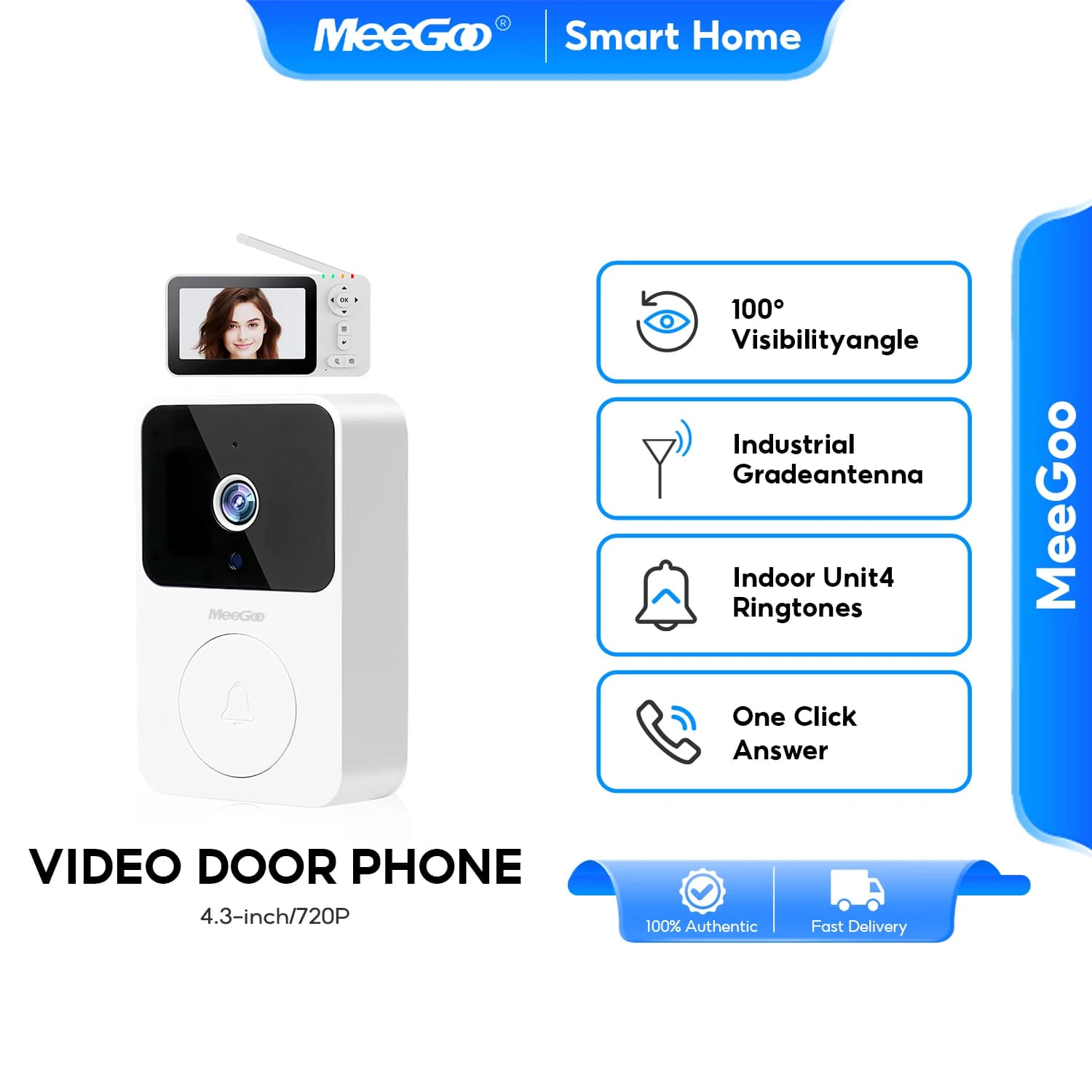 MeeGoo M17 Wireless Video Doorbell, 4.3" Screen, 720P, 300M Range, 8 Ringtones, 64GB TF, Two-way Intercom, Infrared Night Vision