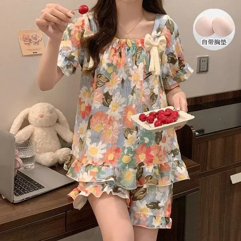 Spring Summer Pajama Nightgown Women Loungewear Short-sleeve Chest Pad Thin Cute Loose Pajama Worn Outside Lady Girl Loungewear