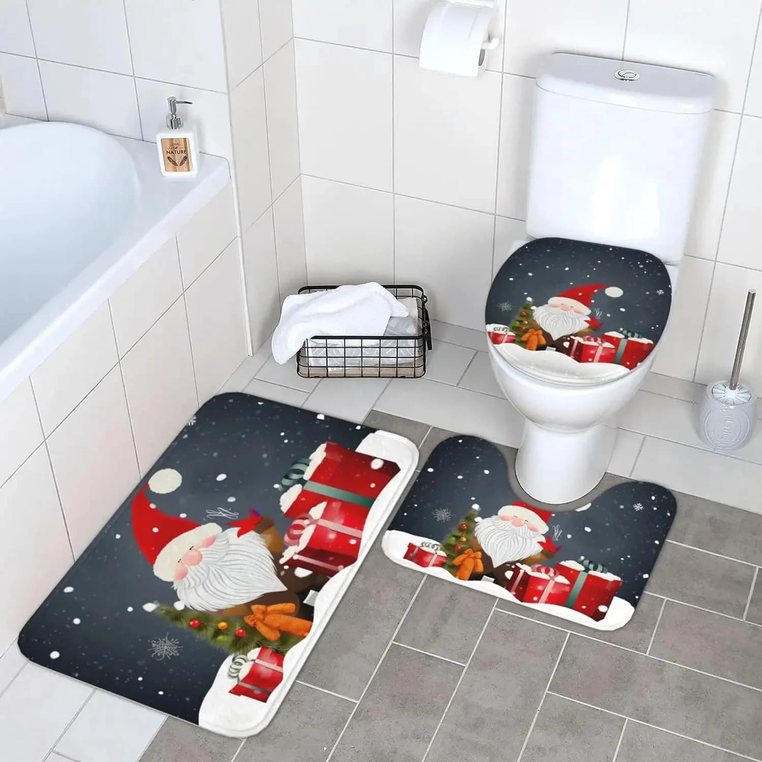 Merry Christmas Gnome Gifts tappeti da bagno Set da 3 pezzi tappetini da bagno a forma di U tappetino con piedistallo per wc coperchio per wc tappeto antiscivolo