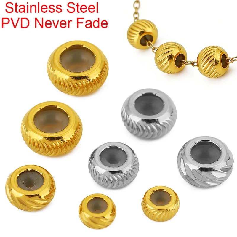 5 pcs stainless steel PVD anti-slip beads with 6, 8, 9, 10 mm silicone beads with big hole for creating necklaces and bracelets.