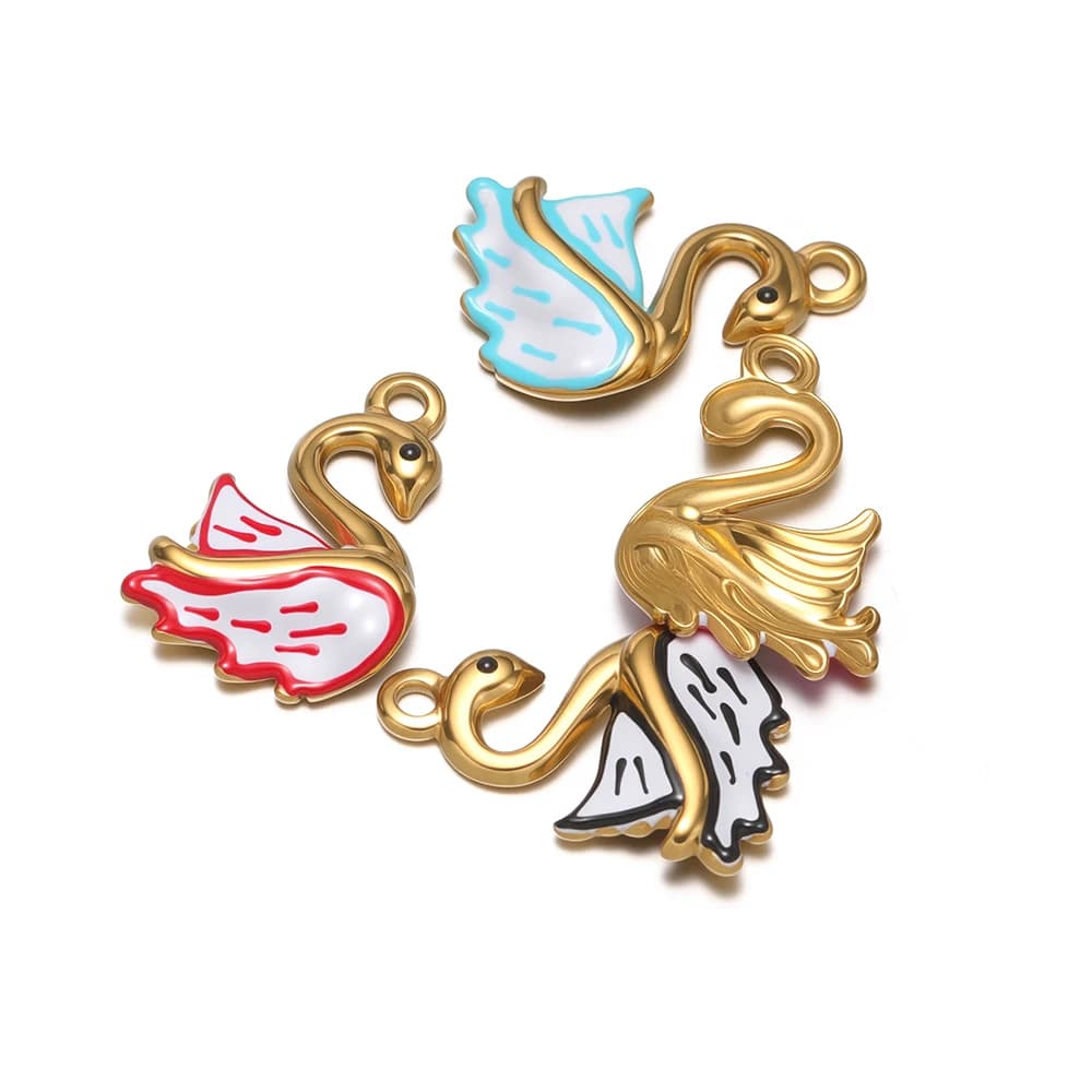 5 pcs. Brushed stainless steel swan shaped pendants, golden charm for necklaces, earrings, bracelets and creation of DIY jewellery
