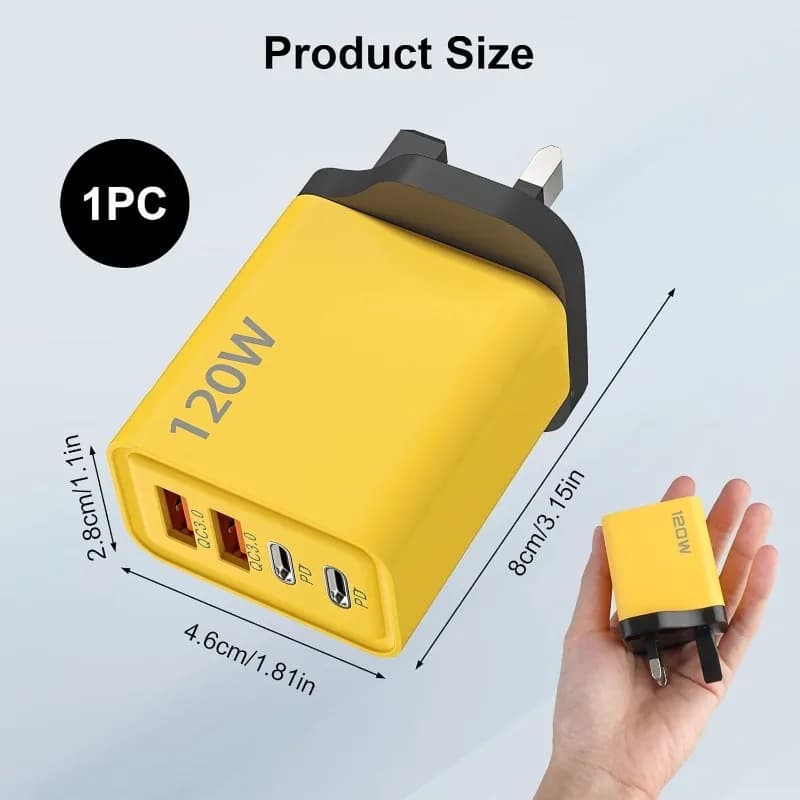 Caricatore USB a 4 Porte 120W, Adattatore da Viaggio per Ricarica Rapida, Caricatore Universale da Parete