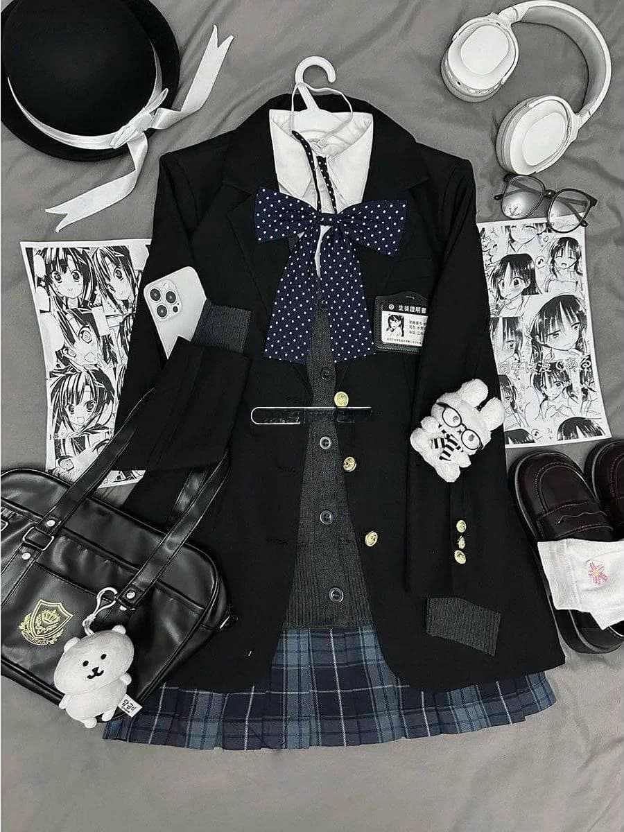 Completo Autunno Inverno Blu Navy: Giacca, Cardigan in Maglia e Gonna - Set Versatile e alla Moda per la Scuola e il College