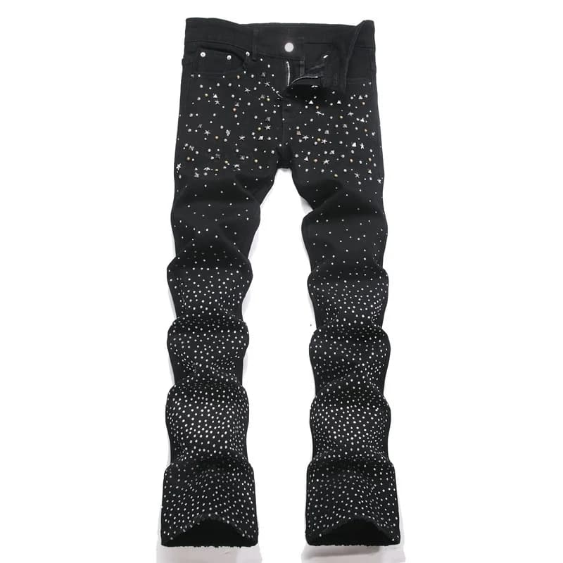 Men's Fashion Flare Jeans Pants With Multi Rivets High Street Slim Fit Wide Leg Denim Trousers Stretchy Bell Bottom Jeans