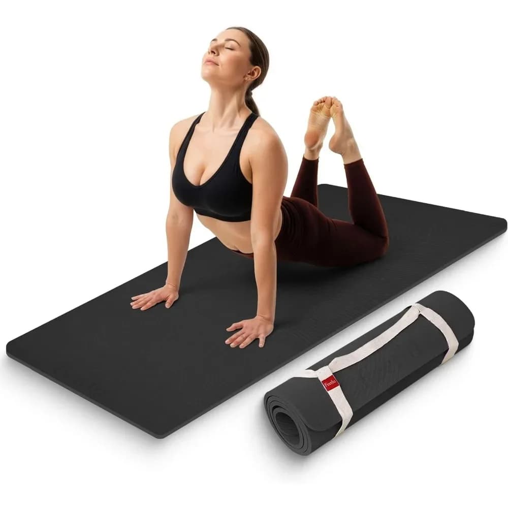 Tappetino per Esercizi Extra Spesso 12mm Antiscivolo per Yoga, Pilates e Allenamenti a Terra, Ammortizzato e Confortevole per le Articolazioni, con Cinghia