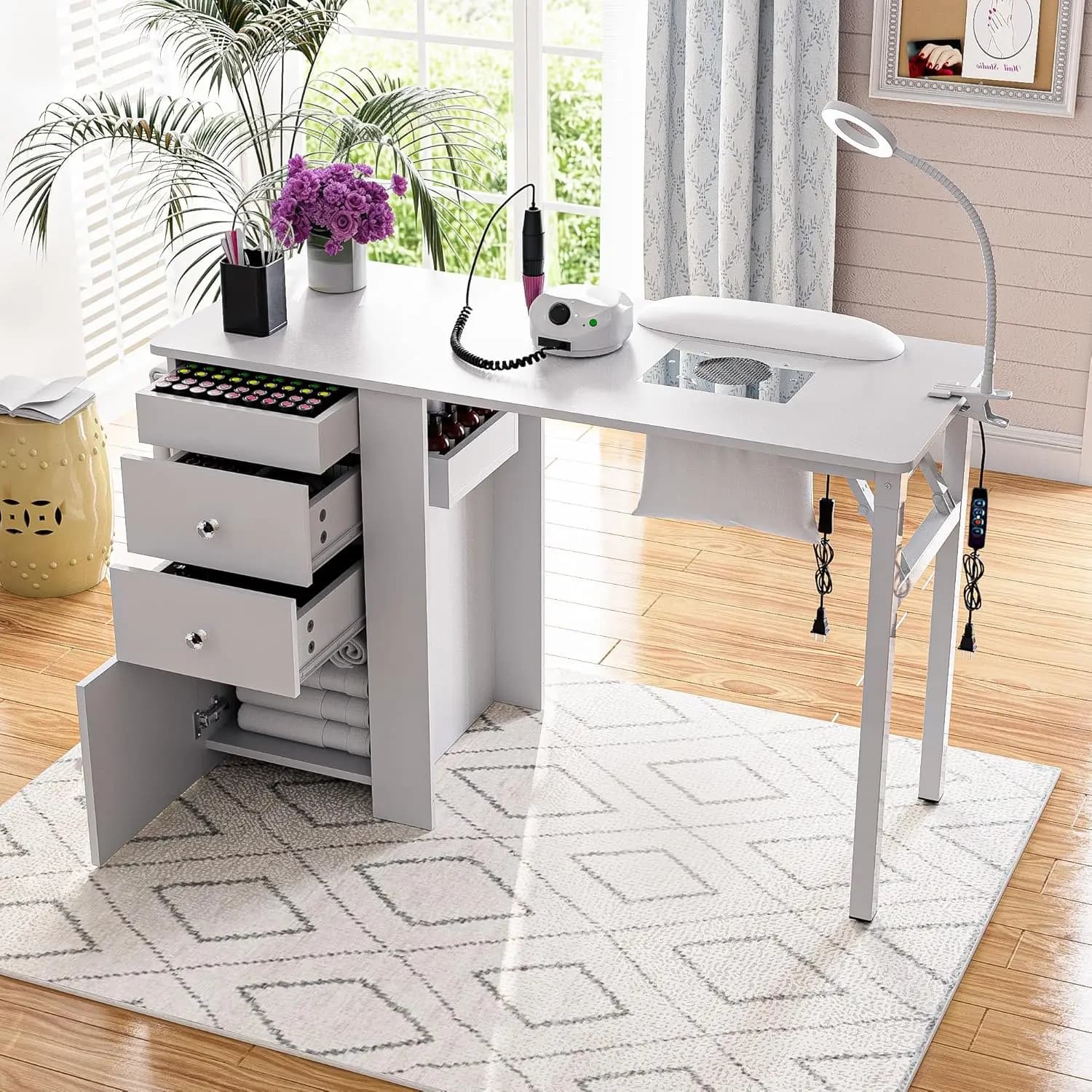 Tavolo Pieghevole per Manicure con Aspiratore, Scrivania per Tecnico delle Unghie con Lampada LED, Poggiapolsi, Tavolo per Unghie con Ruote per Salone e Casa