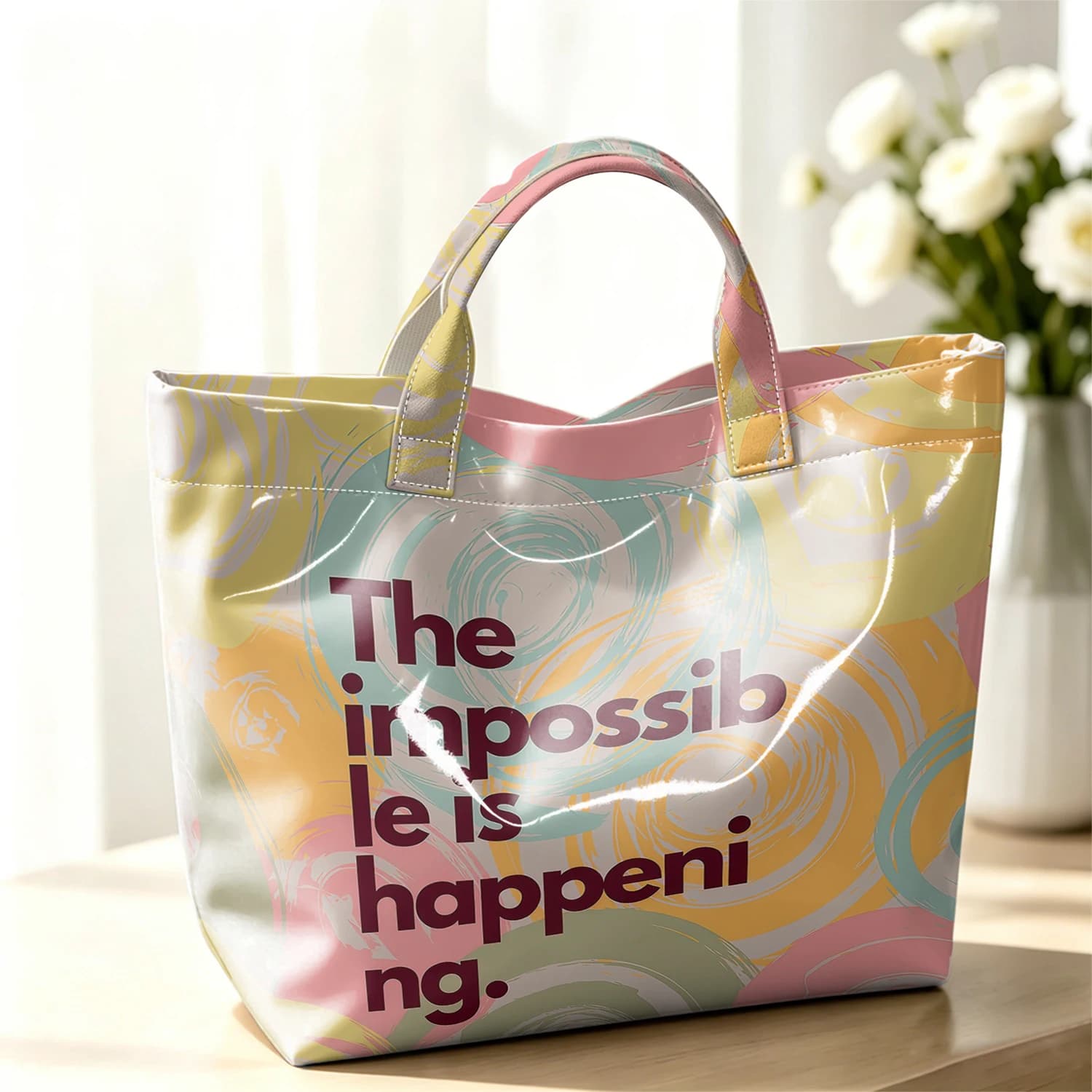 Swirl Inspire Quote Cute Large Glossy PVC Tote Bag Hand Washable Lightweight Soft for Travel Commute Makeup Storage Handbags