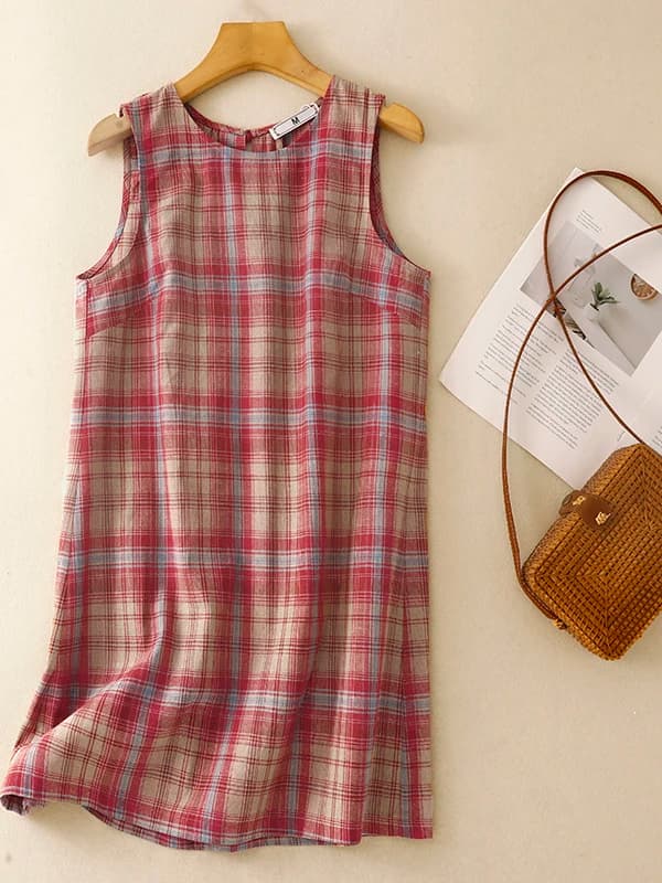 Loose Long Sleeveless Japanese Style Plaid Vest Women's Casual Top Mid-Length Comfortable Breathable Cotton T-Shirt