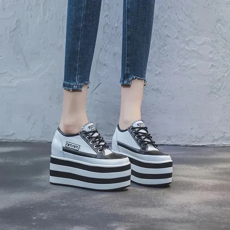 2025 12cm genuine leather shoes woman platform sneakers with wedge big heel hidden high casual shoes woman spring summer