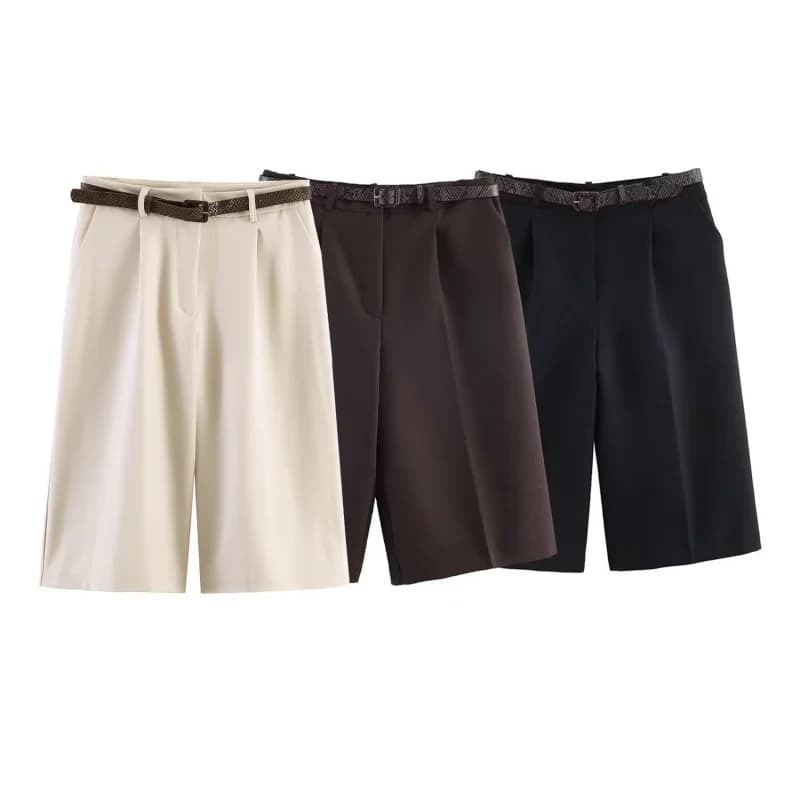 Shorts Mini Estivi Larghi Plissettati con Cintura da Donna, Vita Alta, Decorazione con Cerniera, Versatili, Casual, Nuovi 2026