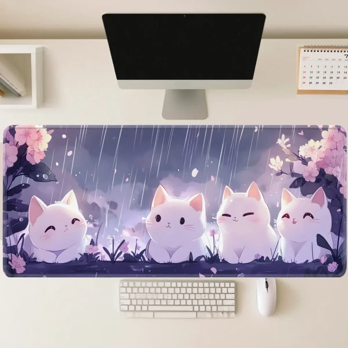 Tappetino per mouse da gioco viola con motivo gatto kawaii e neve, base in gomma antiscivolo, tappetino da scrivania per laptop, tastiera, decorazioni per ufficio, regali