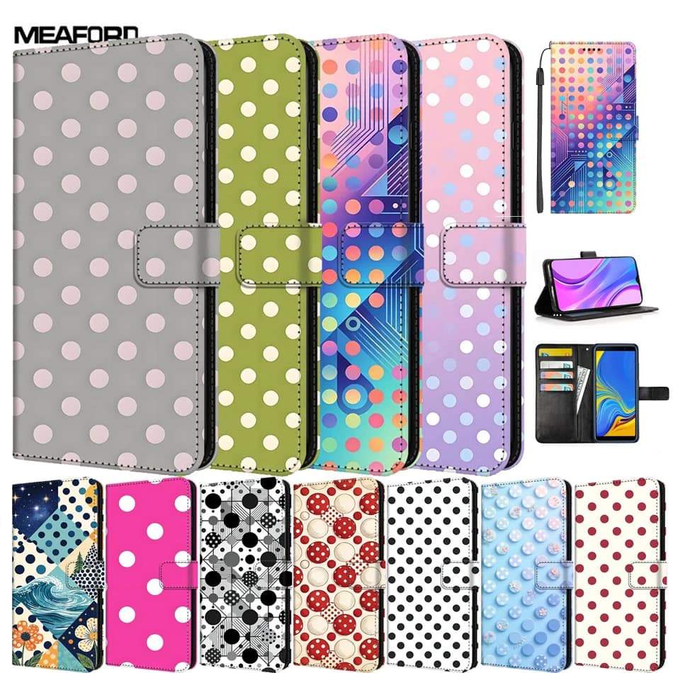 Leather Flip Cover For Xiaomi Poco M8 M7 M6 M5 M4 M3 Pro Etui Colour Polka Dots Phone Case Stand Book Card Wallet Coque Bumper