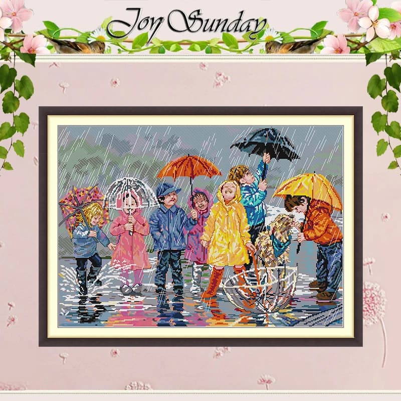 Children Playing In The Rain Patterns Counted Cross Stitch Set 11CT 14CT 16CT HD Stamped Cross-stitch Kit Embroidery Needlework