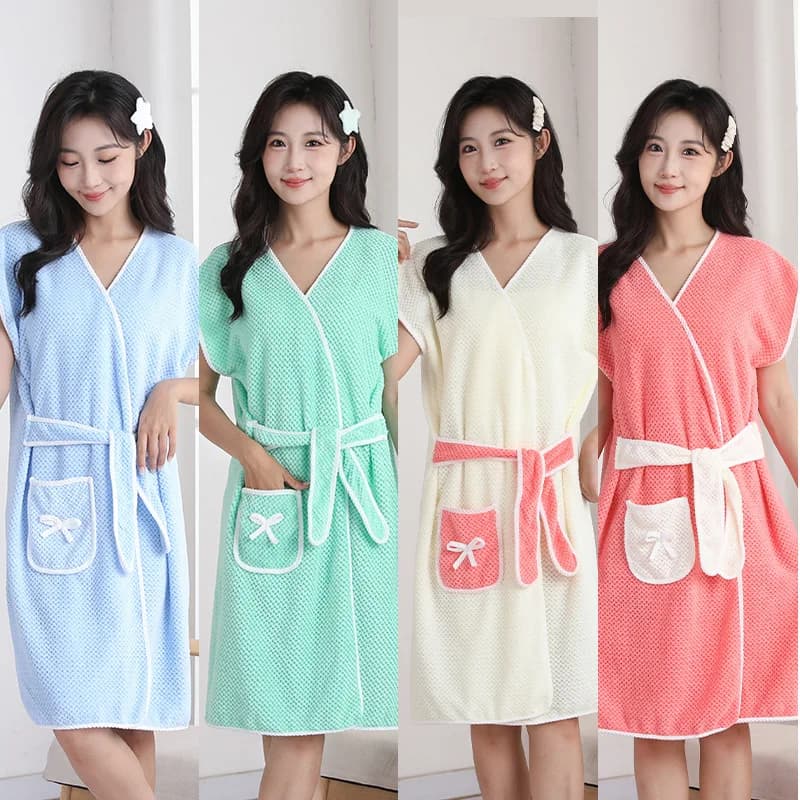 Women Short Sleeve Waffle Bathrobe One Size Soft Absorbent Coral Fleece Kimono Robe With Pocket Belt Summer Home Nightgown Spa S