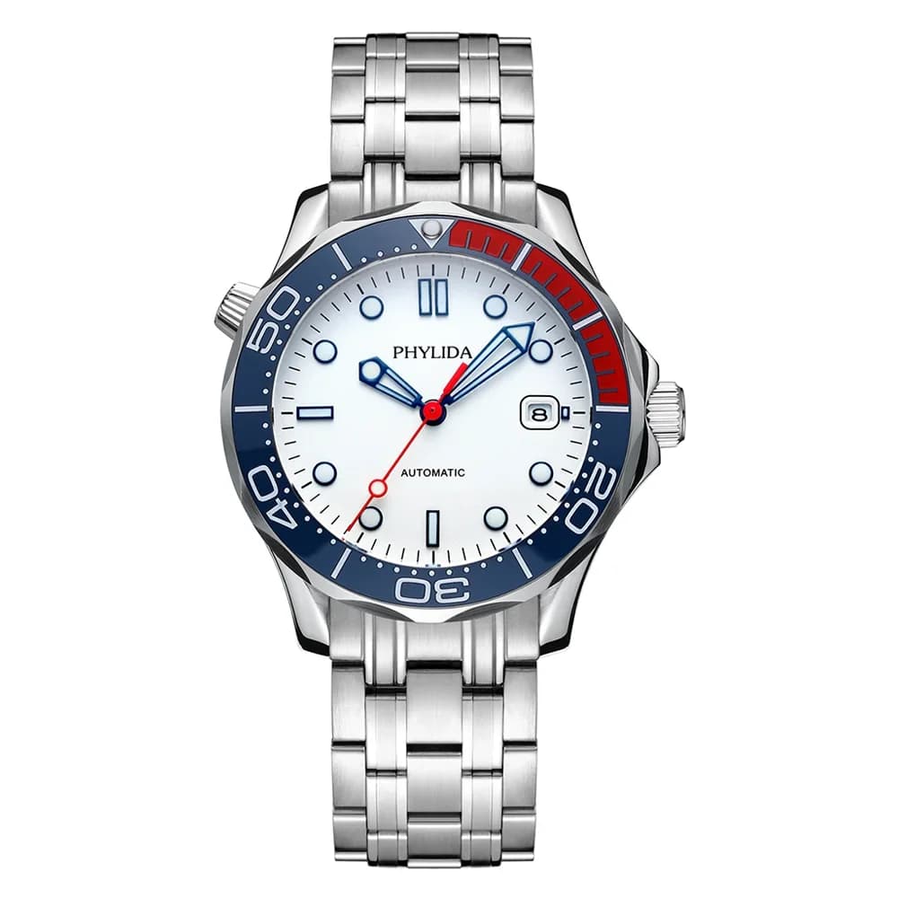 PHYLIDA 20BAR Resistente all'acqua Quadrante bianco opaco GIAPPONE MIYOTA Orologio automatico DIVER300M Stile Vetro zaffiro
