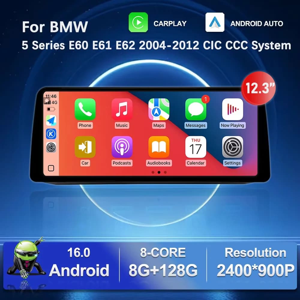 Carplay 12.3 ‘’ for BMW 5 Series E60 E61 E62 2004 - 2012 CIC CCC System Android 16 GPS Car Video Multimedia Player Auto Tools